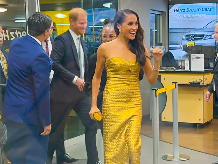 NEW YORK, UNITED STATES - MAY 16: Duchess of Sussex Meghan Markle and Duke of Sussex Prince Harry attend the ceremony, which benefits the Ms. Foundation for Women and feminist movements, in New York, United States on May 16, 2023. Meghan Markle who wears a gold dress for Women of Vision Gala receives 2023 Women of Vision award from Gloria Steinem at Ziegfeld Ballroom on Tuesday night in New York City. (Photo by Selcuk Acar/Anadolu Agency via Getty Images)