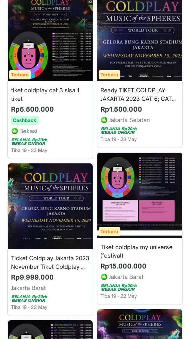 screenshot penjualan tiket Coldplay di Tokopedia
