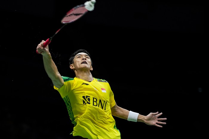 SUZHOU, CHINA - MAY 16: (CHINA OUT) Jonatan Christie of Indonesia competes in the Mens Singles Round Robin match against Fabian Roth of Germany during day three of the Sudirman Cup at Suzhou Olympic Sports Center Gymnasium on May 16, 2023 in Suzhou, China. (Photo by Shi Tang/Getty Images)
