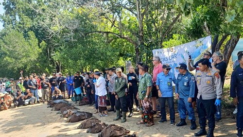 Pelepasliaran 18 penyu hijau hasil sitaan Polres Jembrana di Pantai Pasir Putih, Kabupaten Buleleng, Kamis (18/5/2023). (I Putu Adi Budiastrawan/detikBali)