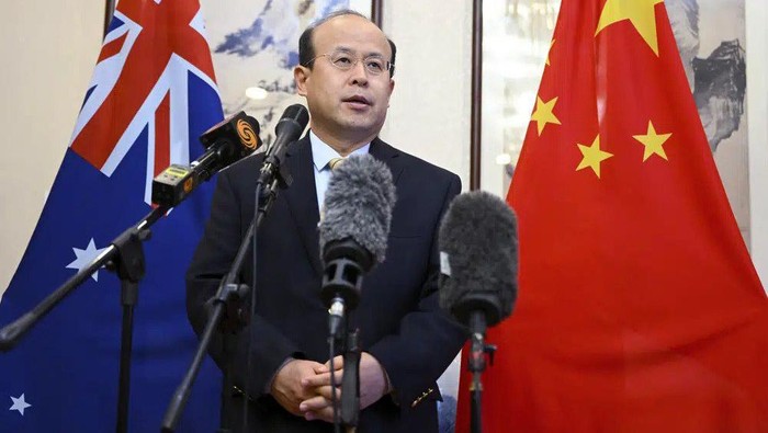 Chinas Ambassador to Australia Xiao Qian speaks to media at the Embassy of China in Canberra, Thursday, May 18, 2023. Xiao asked Australian authorities Thursday to increase efforts to find survivors in an Indian Ocean search for 39 missing from a capsized Chinese fishing boat. (Lukas CochAAP Image via AP)