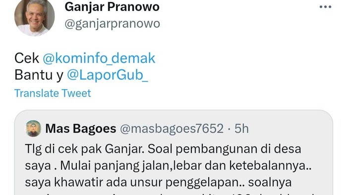 Gubernur Jateng Ganjar Pranowo respons netizen terkait laporan jalan rusak di Demak.