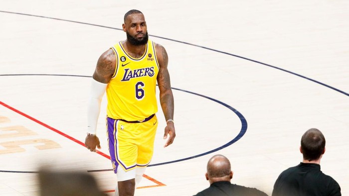 DENVER, CO - MAY 18: Los Angeles Lakers forward LeBron James walks off the court during the second half of game two in the NBA Playoffs Western Conference Finals against the Denver Nuggets at Ball Arena on Thursday, May 18, 2023 in Denver, CO. (Robert Gauthier / Los Angeles Times via Getty Images)