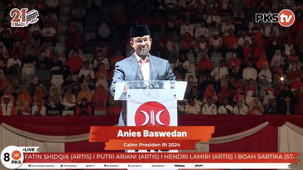 Calon Presiden RI 2024 Anies Baswedan dalam Puncak MILAD KE-21 PKS. (Tangkapan Layar Youtube PKSTV)