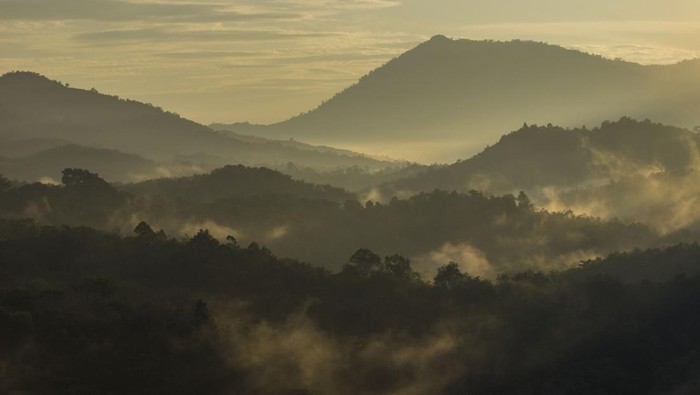 Pengunjung menaiki batuan di situs Geopark Meratus puncak bukit Langara, Kecamatan Loksado, Kabupaten Hulu Sungai Selatan, Kalimantan Selatan, Sabtu (20/5/2023). Badan Pengelola Geopark Meratus Provinsi Kalimantan Selatan menghasilkan empat rute untuk dicicipi pelancong yakni rute Barat, Timur, Selatan dan Utara dengan total 54 situs Geopark Meratus untuk menyiapkan diri masuk dalam jajaran Unesco Global Geopark (UGG) serta selaku  upaya memajukan perekonomian penduduk  setempat. ANTARA FOTO/Bayu Pratama S/aww..