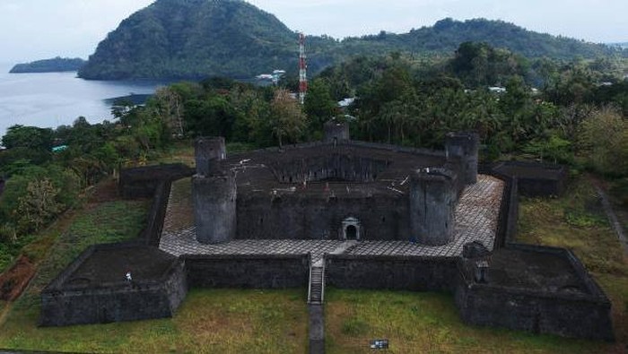Banda Island, Ambon, Indonesia, October 15, 2019 - Tourist visit the old Belgica Fort, build by the dutch in colonial era.