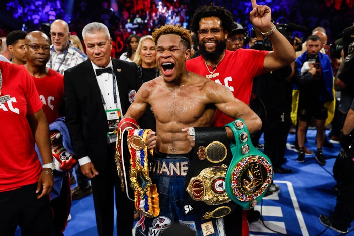 LAS VEGAS, NEVADA - MAY 20: Devin Haney celebrates after defeating Vasyl  Lomachenko of Ukraine during their Undisputed lightweight championship fight at MGM Grand Garden Arena on May 20, 2023 in Las Vegas, Nevada. (Photo by Sarah Stier/Getty Images)