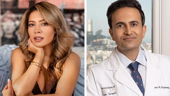 Khanzar bersama Dino suaminya, seorang dokter yang cukup terkenal di San Francisco. Dino, telah menemaninya ke sidang dakwaan Momeni sebelumnya, tetapi sejak berita dugaan kedekatan Lee dengan istrinya, dia tidak terlihat lagi. Foto: Getty Images