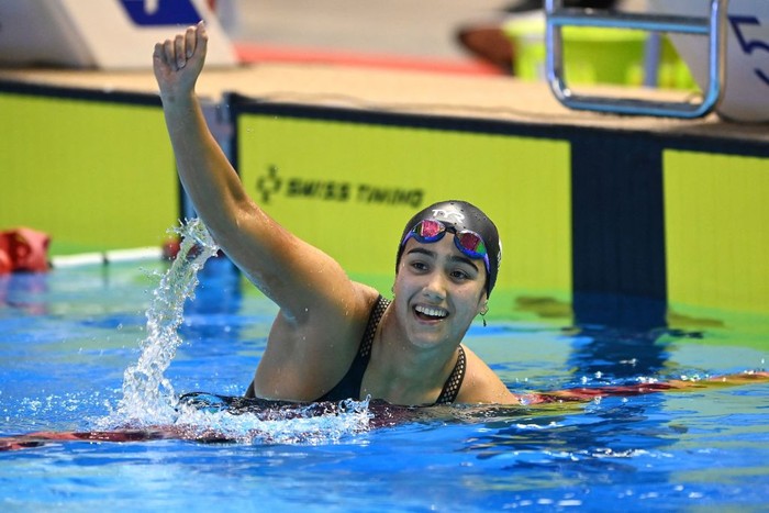 Indonesias Masniari Wolf celebrates after winning the womens 50m backstroke swimming final at the 32nd Southeast Asian Games (SEA Games) in Phnom Penh on May 7, 2023. (Photo by Tang Chhin Sothy / AFP) (Photo by TANG CHHIN SOTHY/AFP via Getty Images)