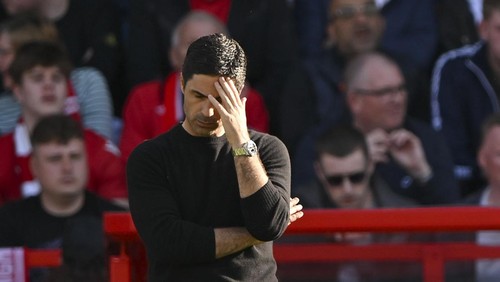 NOTTINGHAM, ENGLAND - MAY 20: Mikel Arteta, Manager of Arsenal looks dejected after going 1 down during the Premier League match between Nottingham Forest and Arsenal FC at City Ground on May 20, 2023 in Nottingham, England. (Photo by Will Palmer/Sportsphoto/Allstar via Getty Images)