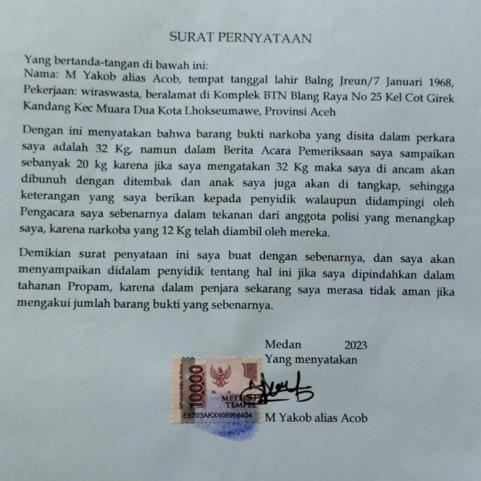 Surat tersangka narkoba Polda Sumut ke Divpropam Polri.