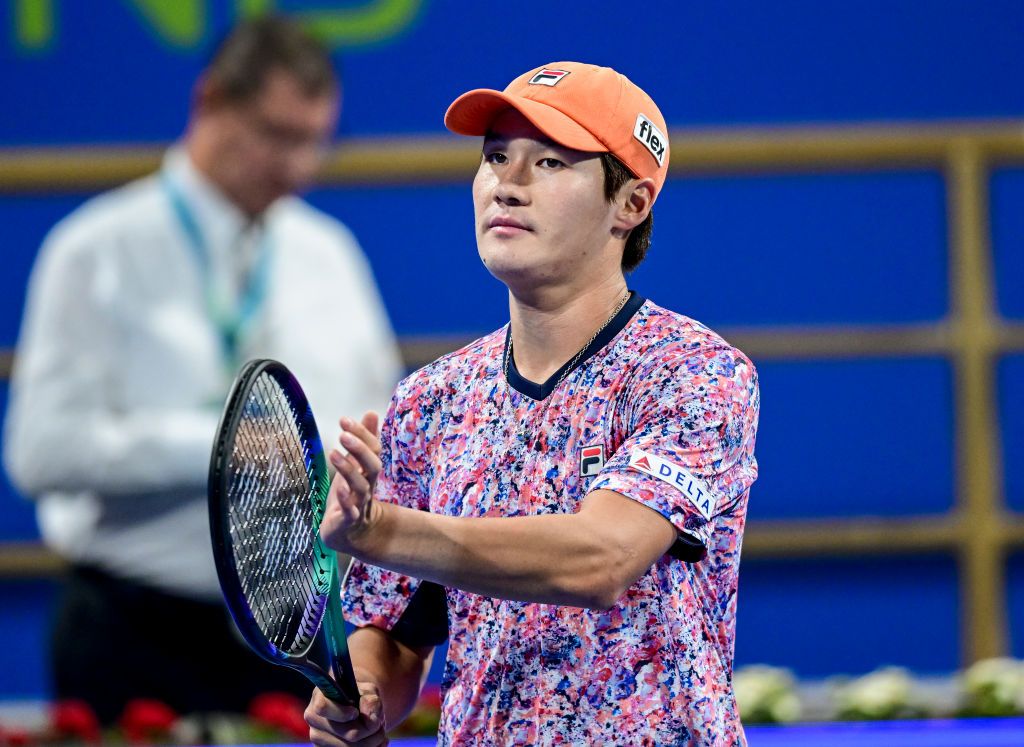 Kwon Soon Woo saat bertanding di turnamen tenis ATP Qatar Exxonmobil Open, Khalifa International Tennis Complex, Doha, Qatar, 21 Februari 2023.