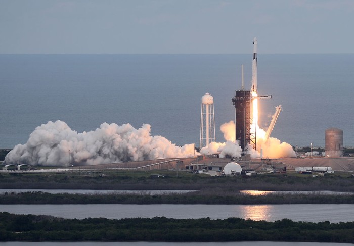 A SpaceX Falcon 9 rocket carrying the Axiom Mission 2 astronauts soars toward space after lifting off from launchpad 39A at NASAs Kennedy Space Center in Cape Canaveral, Florida, on May 21, 2023. Two Saudi astronauts, including the first Saudi woman, will blast off from Florida on May 21 on a private mission to the International Space Station (ISS). (Photo by Gregg Newton / AFP) (Photo by GREGG NEWTON/AFP via Getty Images)