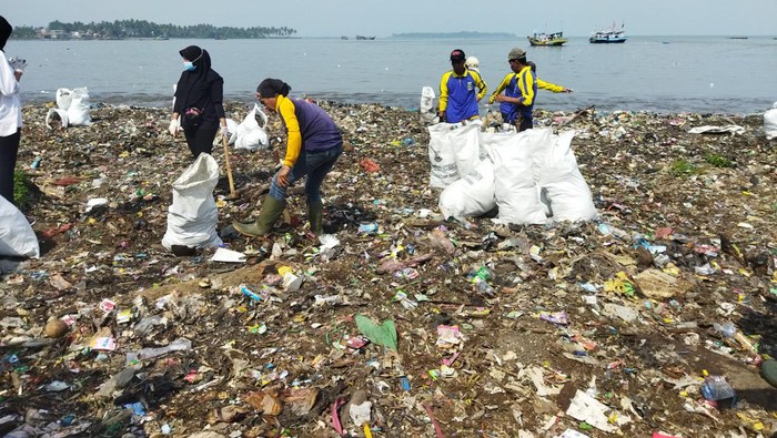 Bersih-bersih sampah di Pantai Teluk, Pandeglang (Aris-detikcom)