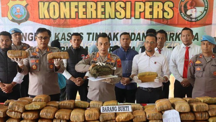 Kapolresta Deli Serdang, Kombes Irsan Sinuhaji saat memaparkan penangkapan 173 kg ganja.