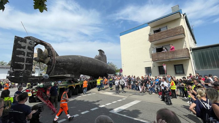 Decommissioned German submarine U17 makes its last metres of its journey to a museum in Speyer Germany, May 21, 2023. REUTERS/Timm Reichert