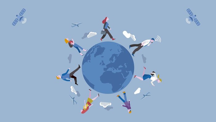 Group of working people traveling along the Earth globe. Conceptual illustration metaphor of globalization and labor mobility.