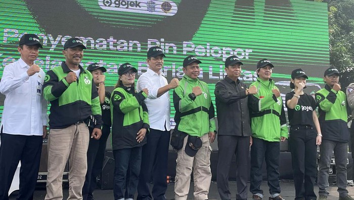 Korlantas Polri gelar apel keselamatan berkendara di Jakarta, Selasa (23/5). Kegiatan ini dihadiri ratusan driver Gojek.
