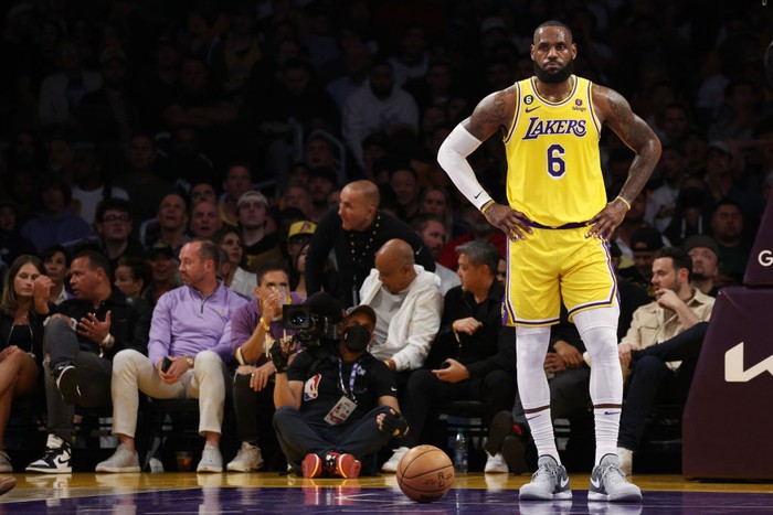 LOS ANGELES, CALIFORNIA - MAY 22: LeBron James #6 of the Los Angeles Lakers reacts to a foul during the first quarter against the Denver Nuggets in game four of the Western Conference Finals at Crypto.com Arena on May 22, 2023 in Los Angeles, California. NOTE TO USER: User expressly acknowledges and agrees that, by downloading and or using this photograph, User is consenting to the terms and conditions of the Getty Images License Agreement. (Photo by Harry How/Getty Images)