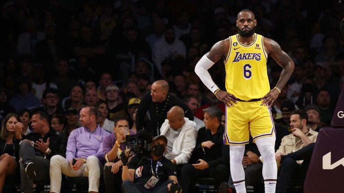 LOS ANGELES, CALIFORNIA - MAY 22: LeBron James #6 of the Los Angeles Lakers reacts to a foul during the first quarter against the Denver Nuggets in game four of the Western Conference Finals at Crypto.com Arena on May 22, 2023 in Los Angeles, Califor