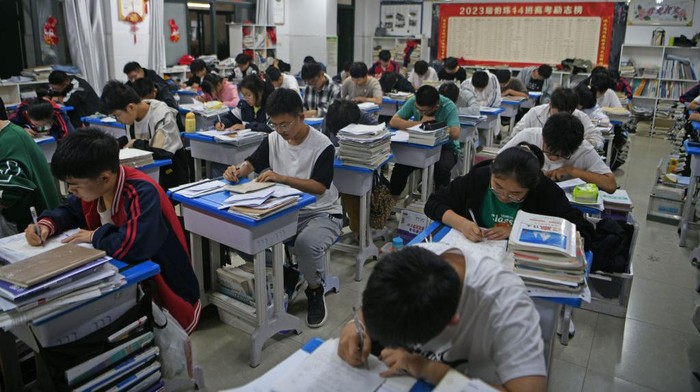 HUAINAN, CHINA - MAY 22: Senior three students study in the classroom at night for the upcoming national college entrance exam on May 22, 2023 in Huainan, Anhui Province of China. (Photo by Chen Bin/VCG via Getty Images)