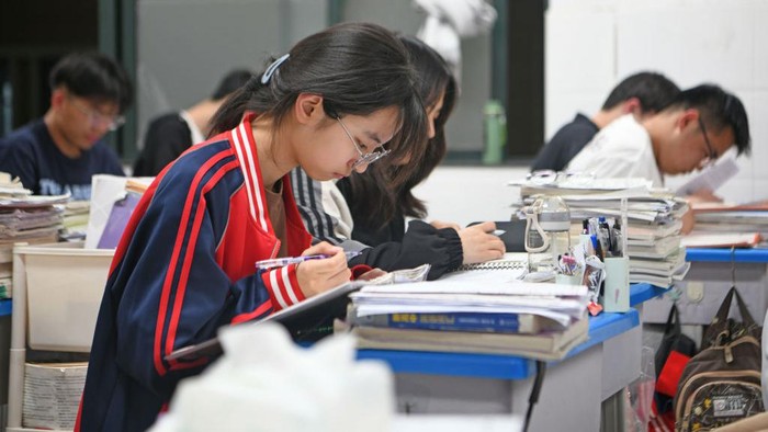 HUAINAN, CHINA - MAY 22: Senior three students study in the classroom at night for the upcoming national college entrance exam on May 22, 2023 in Huainan, Anhui Province of China. (Photo by Chen Bin/VCG via Getty Images)