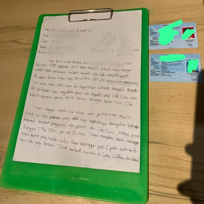Surat pernyataan permintaan maaf dar mahasiswa yang pamer kemesraan di kafe Kota Malang