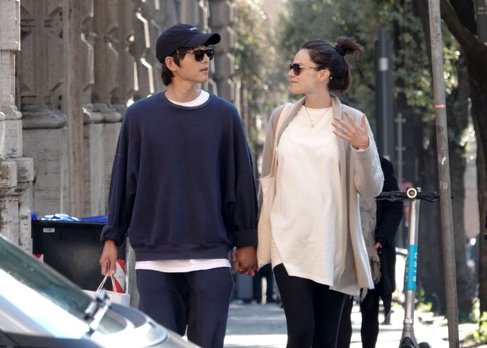 ROME, ITALY - APRIL 19: Song Joong-ki and Katy Saunders are seen on April 19, 2023 in Rome, Italy. (Photo by MEGA/GC Images)