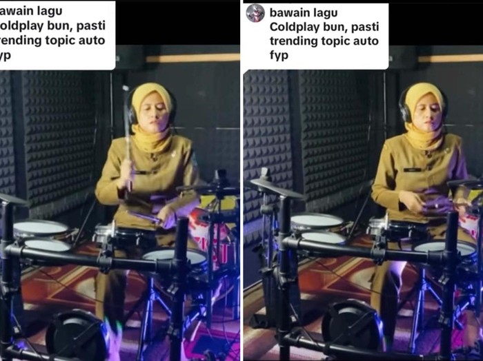 Aksi Desy Hariyanti bermain drum membawakan lagu Coldplay viral di media sosial.