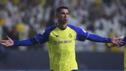 Nassrs Portuguese forward Cristiano Ronaldo reacts after scoring during the Saudi Pro League football match between Al-Nassr and Al-Shabab at the al-Awwal Park Stadium in Riyadh on May 23, 2023. (Photo by Fayez NURELDINE / AFP)
