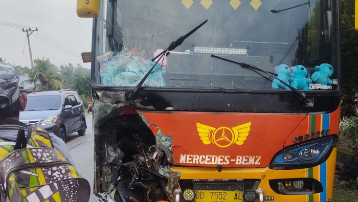 Bus Mercedes Benz di Kabupaten Luwu Timur (Lutim), Sulawesi Selatan (Sulsel) menabrak pemotor wanita bernama Fitriani (24) hingga tewas.