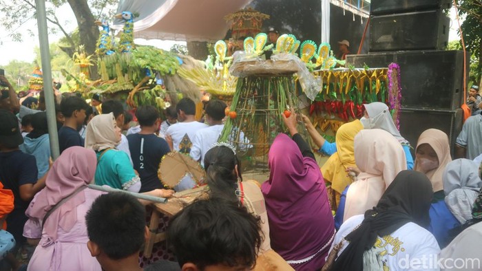 Meriahnya sedekah bumi di Ketitang Wetan, Pati, Rabu (25/4/2023). Warga berebut gunungan berisi hasil bumi.