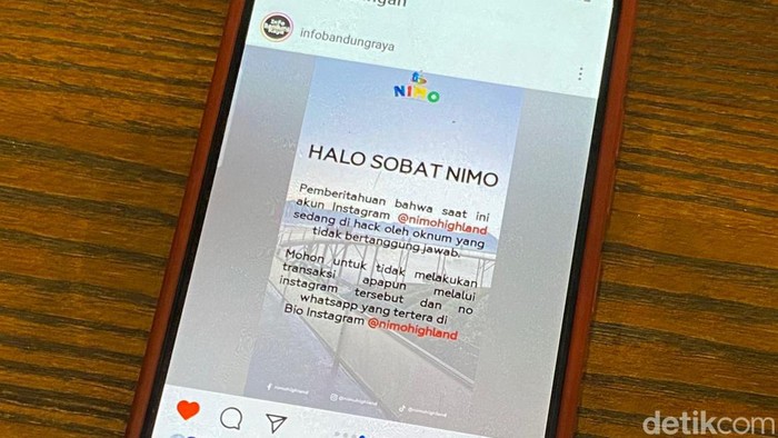 Pengumuman akun Instagram Nimo Highland diretas.