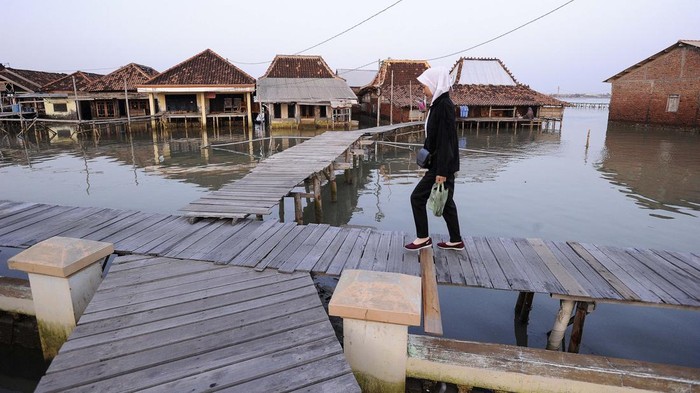 Terendam Pasang Laut, Pemukiman di Demak Bak Kota Apung DEMAK, INDONESIA - MAY 24: People walk past on the pier in front of the damaged houses which has been hit by a tidal wave in Demak, Central Java, Indonesia on May 24, 2023. The tidal wave has never subsided for seven years. (Photo by Dasril Roszandi/Anadolu Agency via Getty Images)