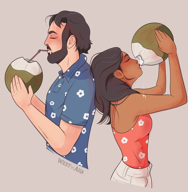 Perbedaan cara meminum air kelapa. Kalau bule lebih suka pakai sedotan, sementara orang Indonesia lebih suka meminum langsung dengan cara dikokop. Apakah kamu juga sama? Foto: Instagram/@westinasia