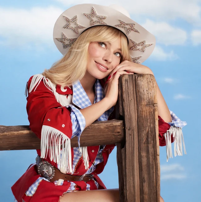 Margot Robbie tampil a la koboy dalam balutan kemeja motif gingham Maison Margiela dan topi bundar dari koleksi Kelsey Randall. Foto: Instagram/@vogue