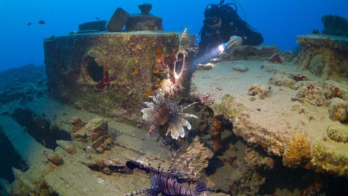 ANTALYA, TURKIYE - MAY 22: A diver views the French navy ship 