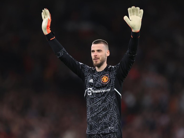 MANCHESTER, ENGLAND - MAY 25: Manchester United goalkeeper David de Gea celebrates during the Premier League match between Manchester United and Chelsea FC at Old Trafford on May 25, 2023 in Manchester, England. (Photo by Simon Stacpoole/Offside/Offside via Getty Images)