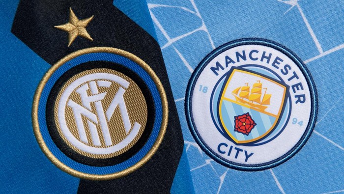 MANCHESTER, ENGLAND - MAY 24:  The Inter Milan and Manchester City club badges ahead of the UEFA Champions League final on May 24, 2023 in Manchester, United Kingdom. (Photo by Visionhaus/Getty Images)
