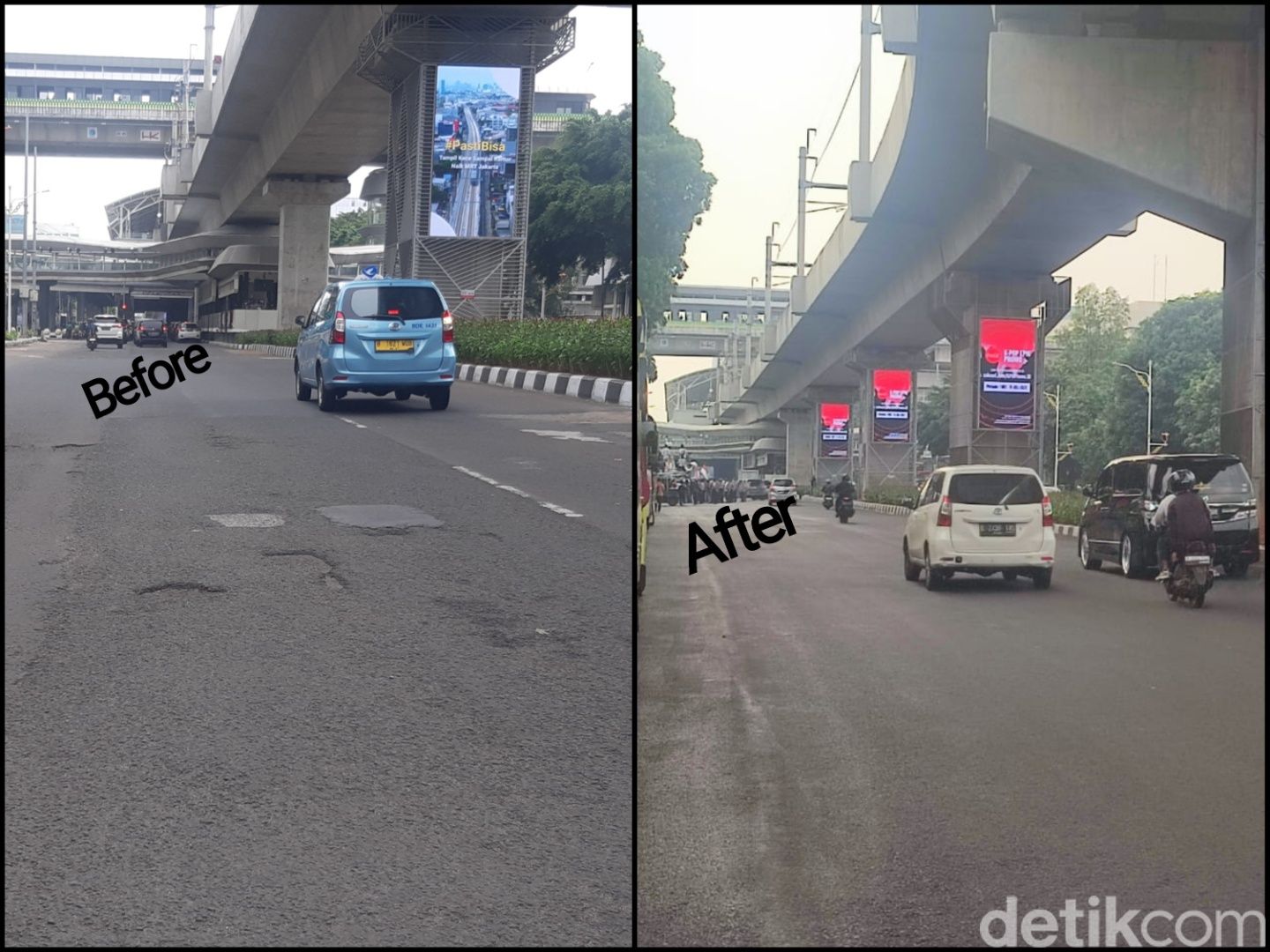 Jl Panglima Polim depan Kejagung RI, Jaksel, before (sebelum) dan after (sesudah) perbaikan jalan. (Dok detikcom)