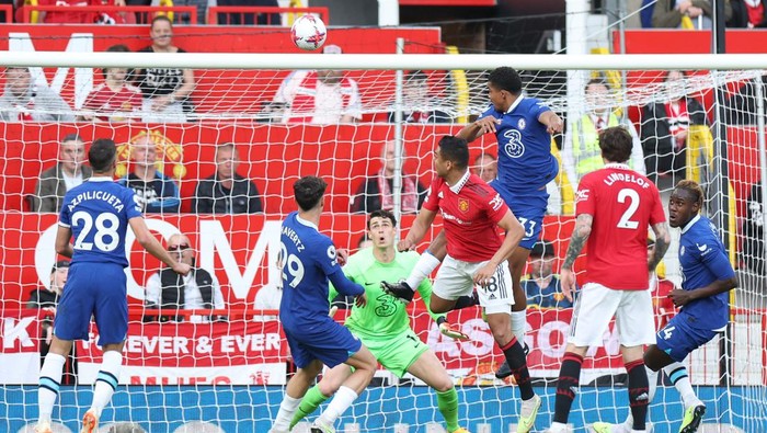 MANCHESTER, ENGLAND - MAY 25: Casemiro of Manchester United scores the teams first goal past Kepa Arrizabalaga of Chelsea during the Premier League match between Manchester United and Chelsea FC at Old Trafford on May 25, 2023 in Manchester, England. (Photo by Catherine Ivill/Getty Images)