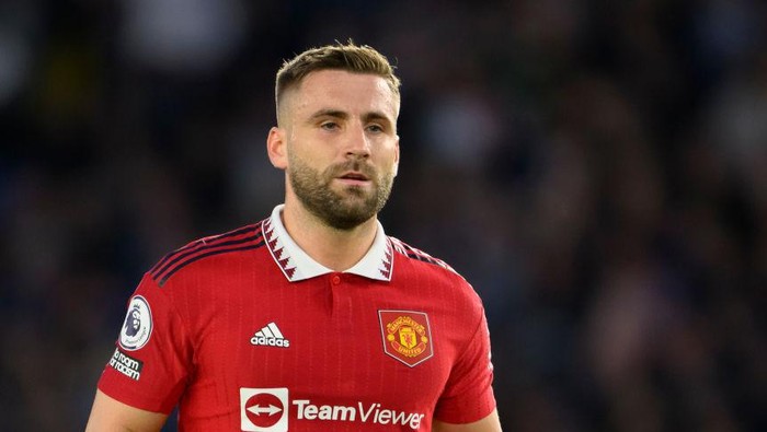 BRIGHTON, ENGLAND - MAY 04: Manchester Uniteds Luke Shaw during the Premier League match between Brighton & Hove Albion and Manchester United at American Express Community Stadium on May 4, 2023 in Brighton, United Kingdom. (Photo by David Horton - CameraSport via Getty Images)