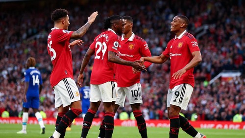 MANCHESTER, ENGLAND - MAY 25: Anthony Martial of Manchester United celebrates with Jadon Sancho, Aaron Wan-Bissaka and Marcus Rashford after scoring the teams second goal during the Premier League match between Manchester United and Chelsea FC at Old Trafford on May 25, 2023 in Manchester, England. (Photo by Naomi Baker/Getty Images)