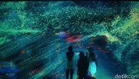 Di pameran seni yang tampil beda ini, kamu bisa merasakan sensasi berada di ruang gelap dan melihat berbagai projection mapping tak biasa.   Foto: Tia Agnes/ detikcom
