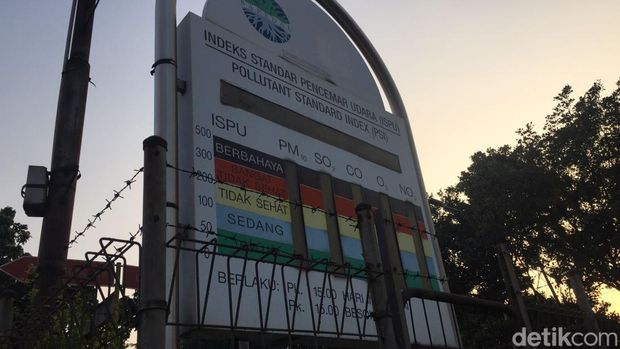 Papan petunjuk Indeks Standar Pencemaran Udara (ISPU) di Grogol, Jakarta Barat. Polusi di Jakarta dan Tangerang Selatan (Tangsel) sedang tidak baik-baik saja.
