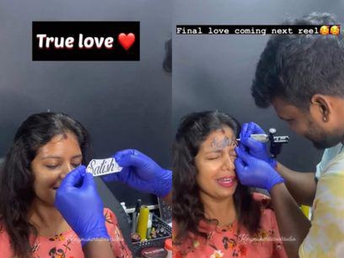 Aksi seorang wanita yang membuat tato dengan nama suaminya di dahinya sendiri viral di media sosial.