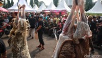 Lebaran Tenabang kembali digelar di Jl Mas Mansyur, Jakarta Pusat, Sabtu (27/5/2023). Agenda tahunan itu menggelar beragam acara yang unik, salah satunya lomba menguliti kambing potong.  