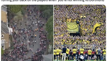 Fans Dortmund tetap tidak beranjak walau hasil akhir tidak sesuai dengan yang mereka harapkan. Foto: Twitter