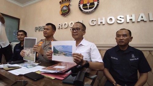 Konferensi pers Polda Bali mengenai penetapan tersangka kasus reklamasi Pantai Melasti, Senin (29/5/2023).