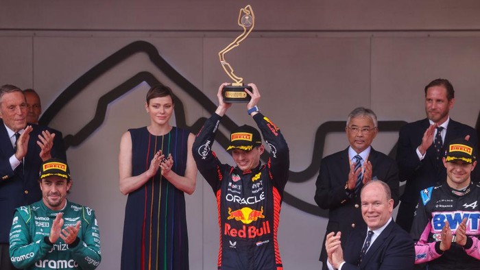 Max Verstappen of Red Bull Racing, Fernando Alonso of Aston Martin, Esteban Ocon of Alpine, Charlene, Princess of Monaco and Albert II, Prince of Monaco, are seen on podium after the F1 Grand Prix of Monaco at Circuit de Monaco on May 28, 2023 in Monte-Carlo, Monaco. (Photo by Beata Zawrzel/NurPhoto via Getty Images)